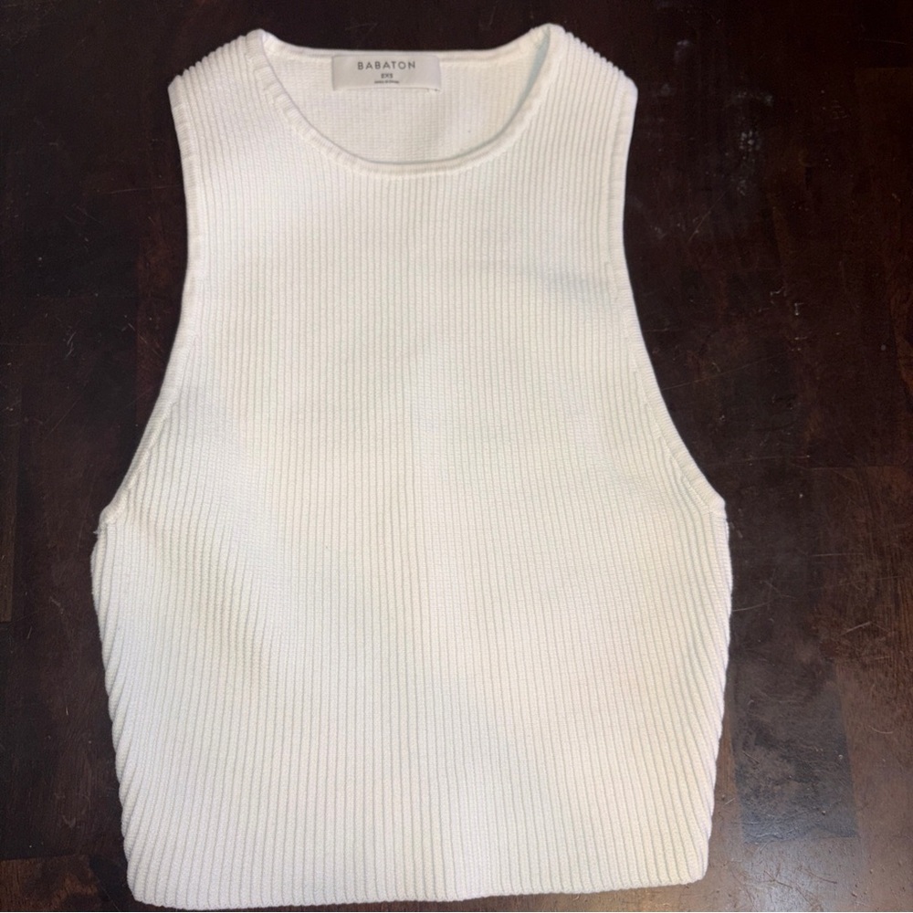 Babaton White Ribbed Knit Sleeveless Tank